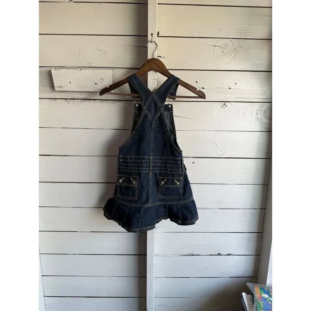 Route 66 Girls Denim Jumper Dress Dark Wash Butterfly Heart Embroidered Size 7/8